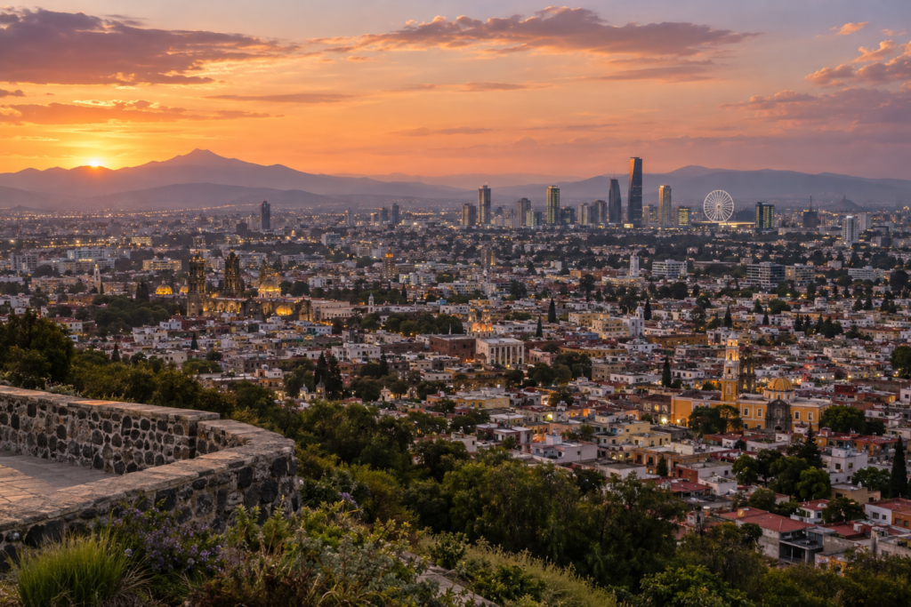 Interpretación de Puebla al atardecer desde los Fuertes hacia Angelópolis y la Estrella.
